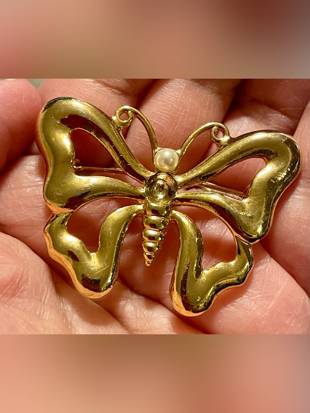 Gold Tone Butterfly Brooch with Pearl Accent - Women Jewelry